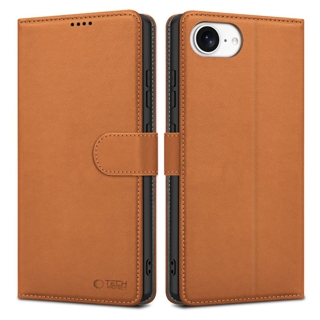 TECH-PROTECT pénztárca tok iPhone 16E készülékhez nyeregbarna