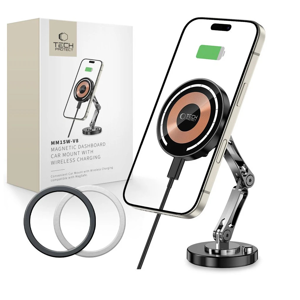 TECH-PROTECT MM15W-V8 mágneses MagSafe műszerfalra szerelhető autós tartó és vezeték nélküli töltő 15W fekete