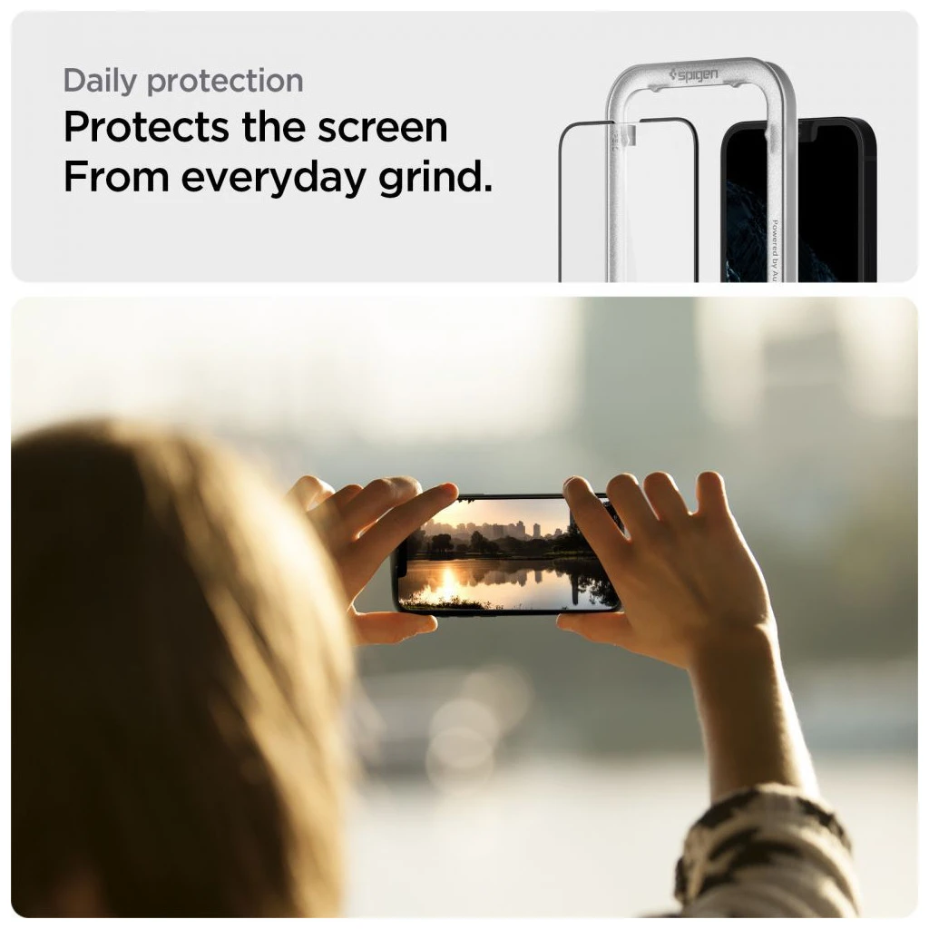 SPIGEN ALM GLASS FC kijelzővédő iPhone 13 / 13 Pro / 14 / 16E készülékhez fekete