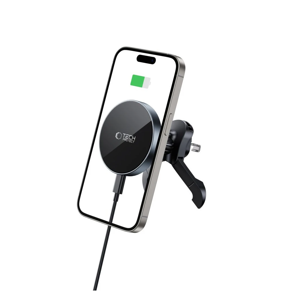 TECH-PROTECT MM15W-V5 mágneses MAGSAFE stabil szellőző autós tartó vezeték nélküli töltő 15W fekete