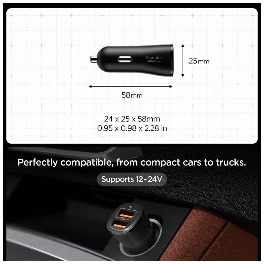 SPIGEN ESSENTIAL EV302 2-PORT autós töltő 30W fekete