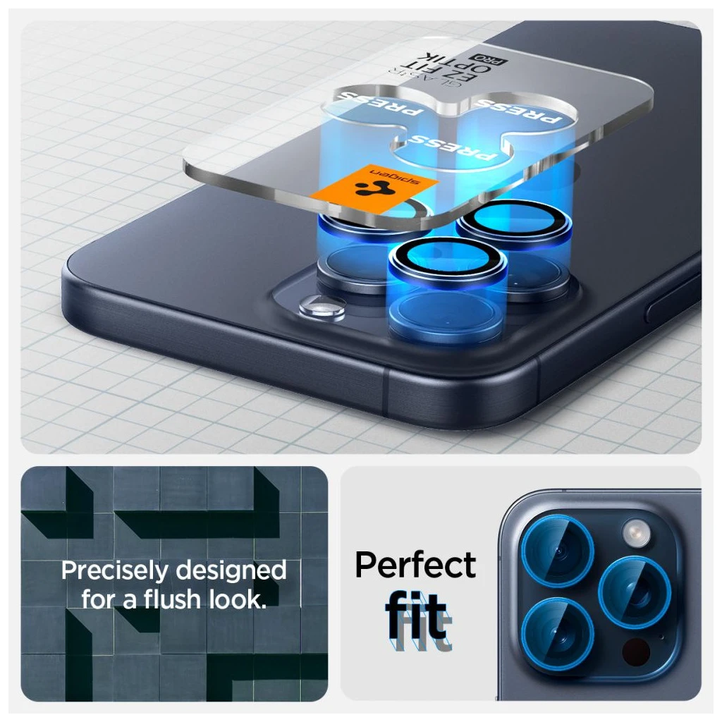 SPIGEN OPTIK PRO GLAS.TR „EZ FIT” kameravédő 2-PACK iPhone 14 Pro / Max, 15 Pro / Max, 16 Pro / Max, 17 Pro / Max készülékhez kék titán