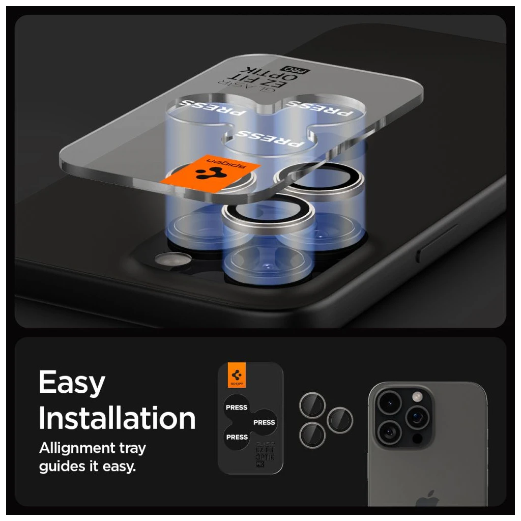 Kameravédő SPIGEN OPTIK PRO GLAS.TR „EZ FIT” Kameravédő 2-PACK iPhone 14 Pro / Max / 15 Pro / Max / 16 Pro / Max / 17 Pro / Max készülékhez természetes titán