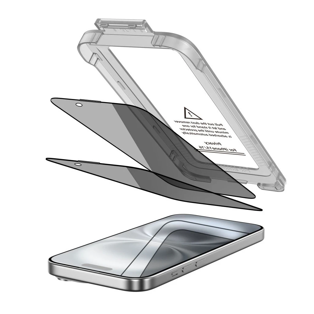 Privatizáló kijelzővédő üveg TECH-PROTECT QUICK SET SPY+ 2-PACK iPhone 15/16 készülékhez Privacy
