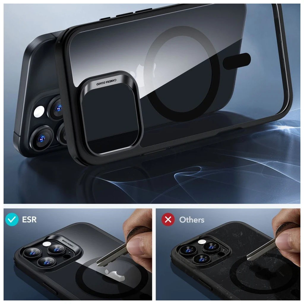 ESR CLASSIC HYBRID HALOLOCK MAGSAFE & TEMPERED GLASS iPhone 16 Pro Max készülékhez védőtok – átlátszó / fekete