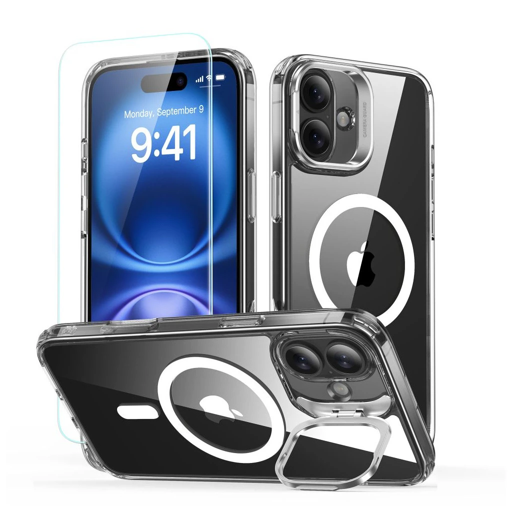 ESR Classic Hybrid Kickstand HaloLock MagSafe tok és edzett üveg iPhone 16 készülékhez átlátszó