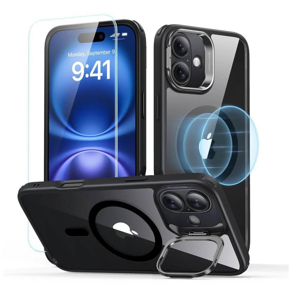 ESR Classic Hybrid Kickstand HaloLock MagSafe & Tempered Glass védőtok iPhone 16 készülékhez – átlátszó/fekete