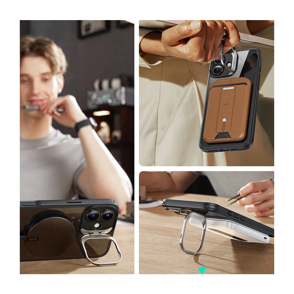 ESR Classic Hybrid Kickstand Halolock MagSafe tok és kijelzővédő iPhone 16 Plus készülékhez átlátszó/fekete