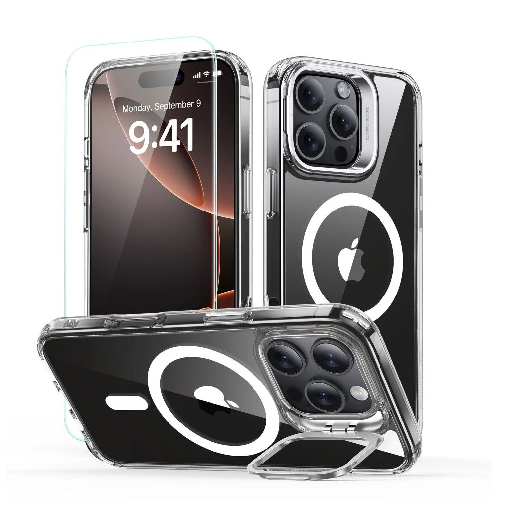 ESR CLASSIC HYBRID KICKSTAND HALOLOCK MAGSAFE & TEMPERED GLASS védőtok és üvegfólia iPhone 16 Pro készülékhez, átlátszó