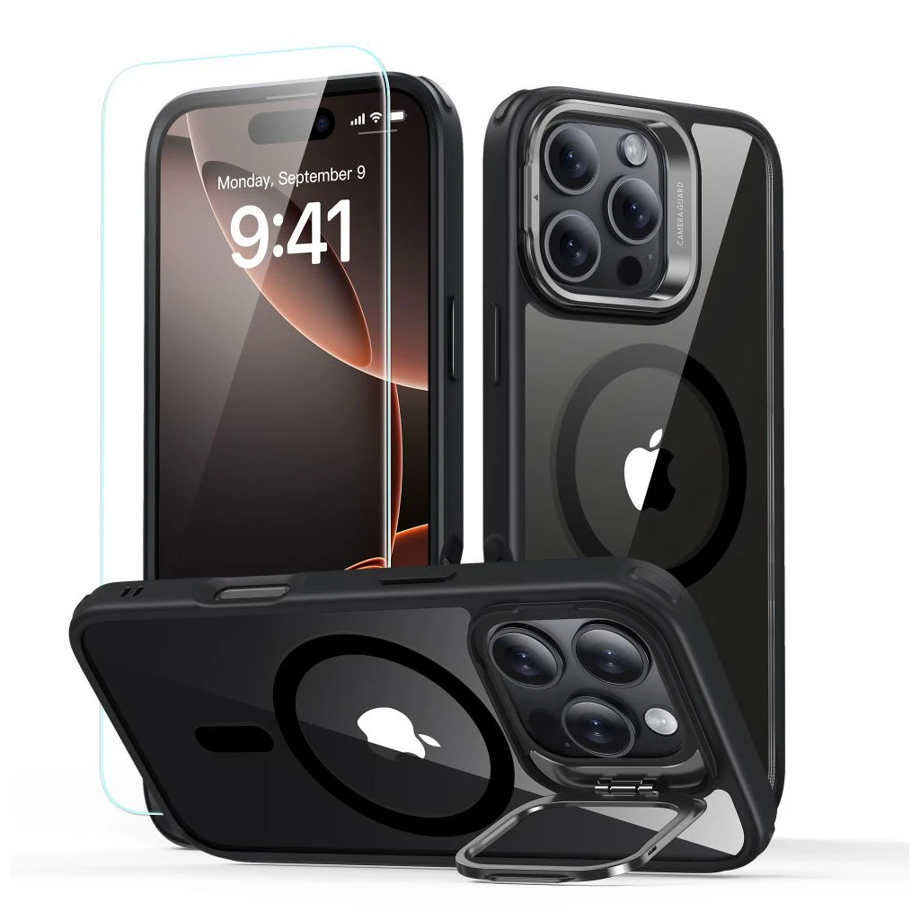 ESR CLASSIC HYBRID KICKSTAND HALOLOCK MagSafe tok és védőüveg iPhone 16 Pro készülékhez, átlátszó/fekete