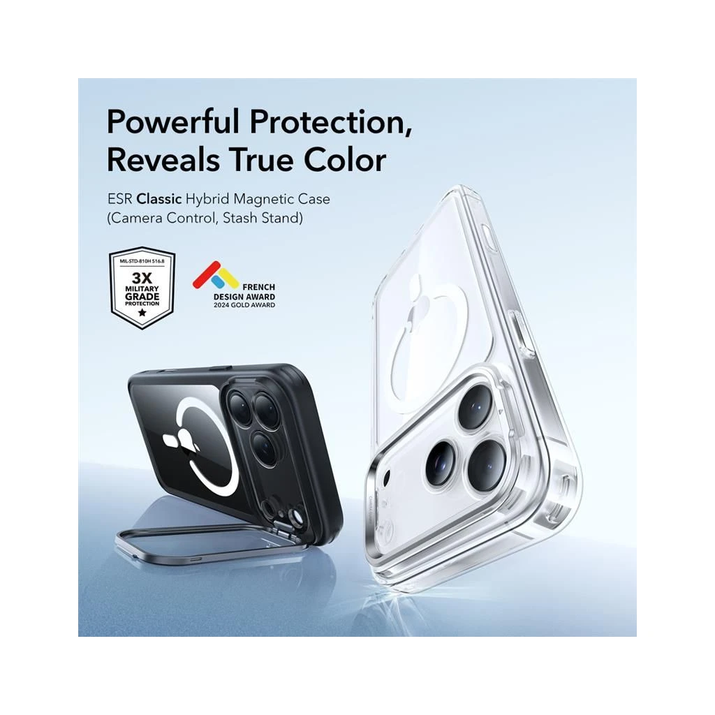 ESR Classic Hybrid Kickstand MagSafe iPhone 17 Pro Max készülékhez tok, áttetsző/fekete