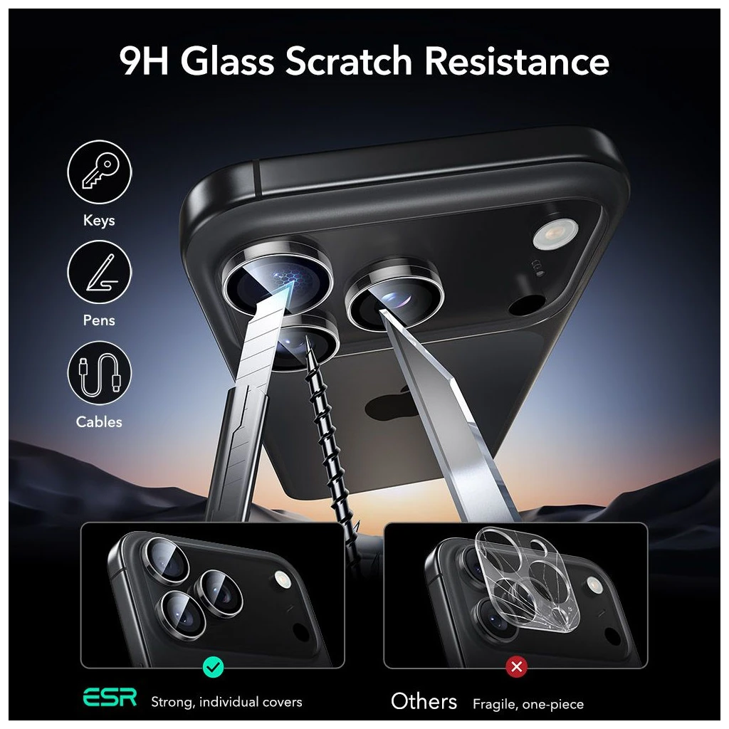 ESR ARMORITE kameravédő iPhone 14 Pro / Max, iPhone 15 Pro / Max, iPhone 16 Pro / Max, iPhone 17 Pro / Max készülékhez, átlátszó