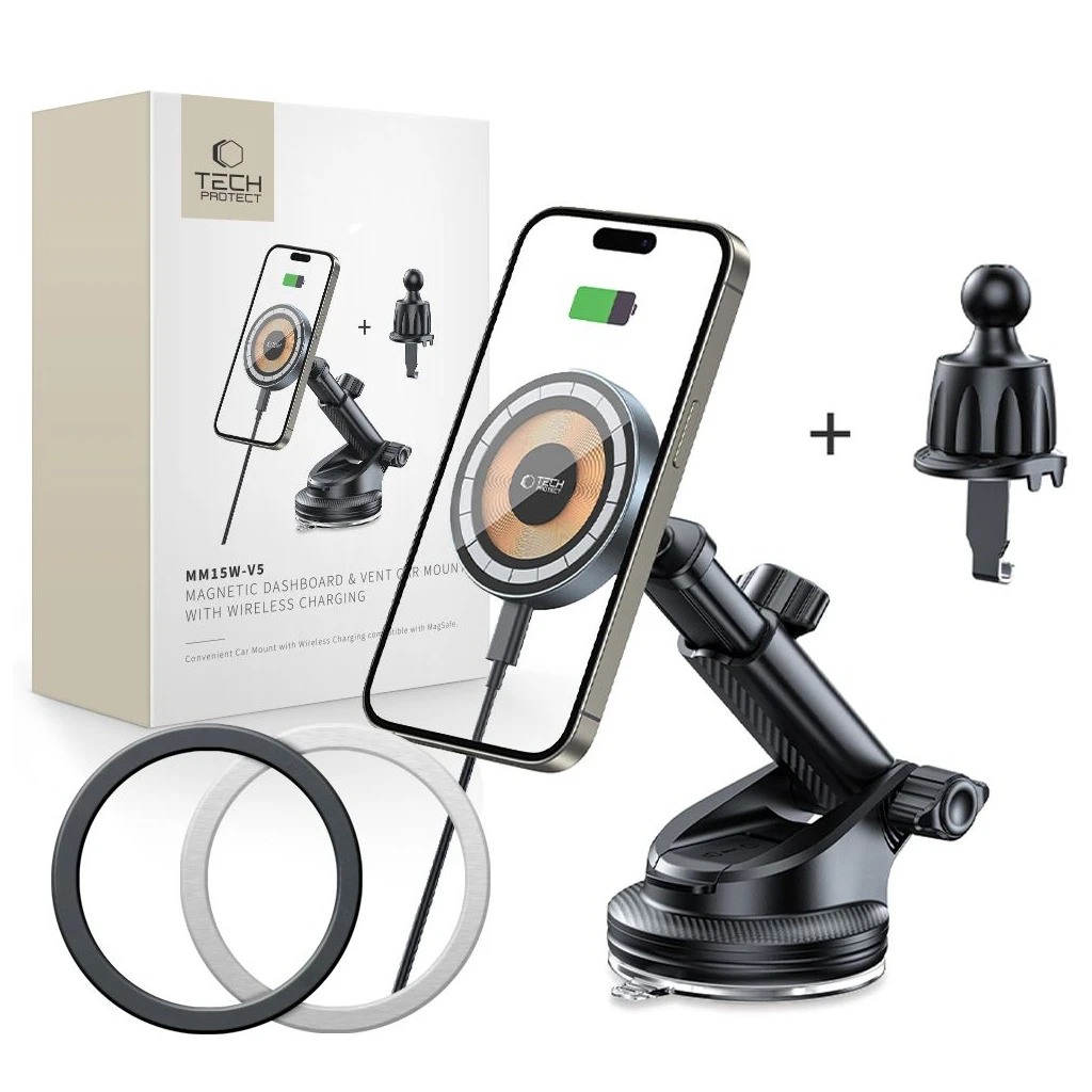 TECH-PROTECT MM15W-V5 mágneses MagSafe műszerfal és szellőző autós tartó vezeték nélküli töltő 15W fekete