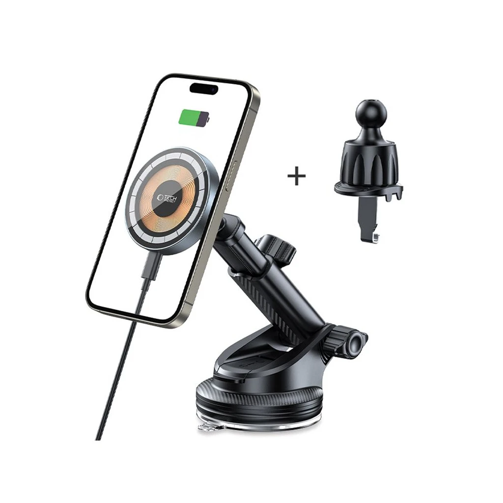 TECH-PROTECT MM15W-V5 mágneses MagSafe műszerfal és szellőző autós tartó vezeték nélküli töltő 15W fekete