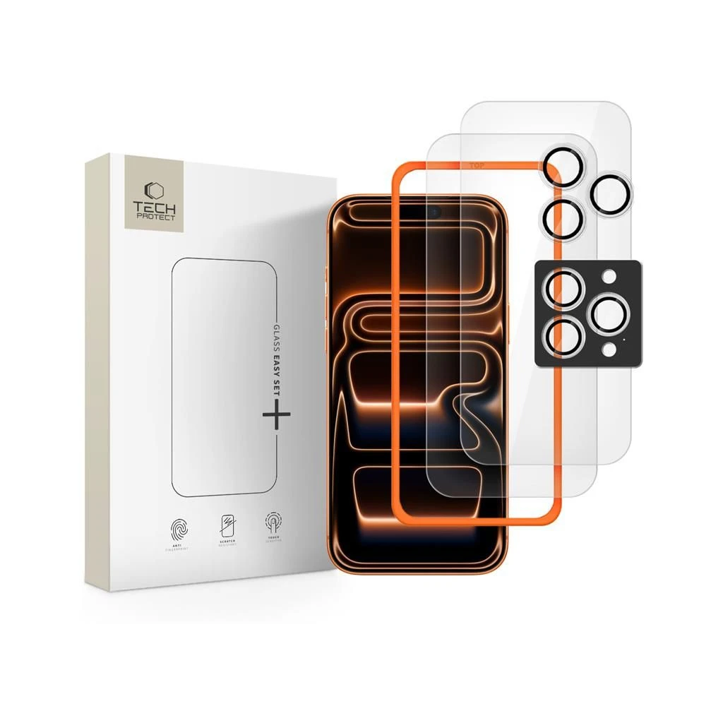 Edzett üveg Tech-Protect Easy Set+ 3 db kijelzővédő iPhone 16 Pro Max / 17 Pro Max készülékhez – átlátszó