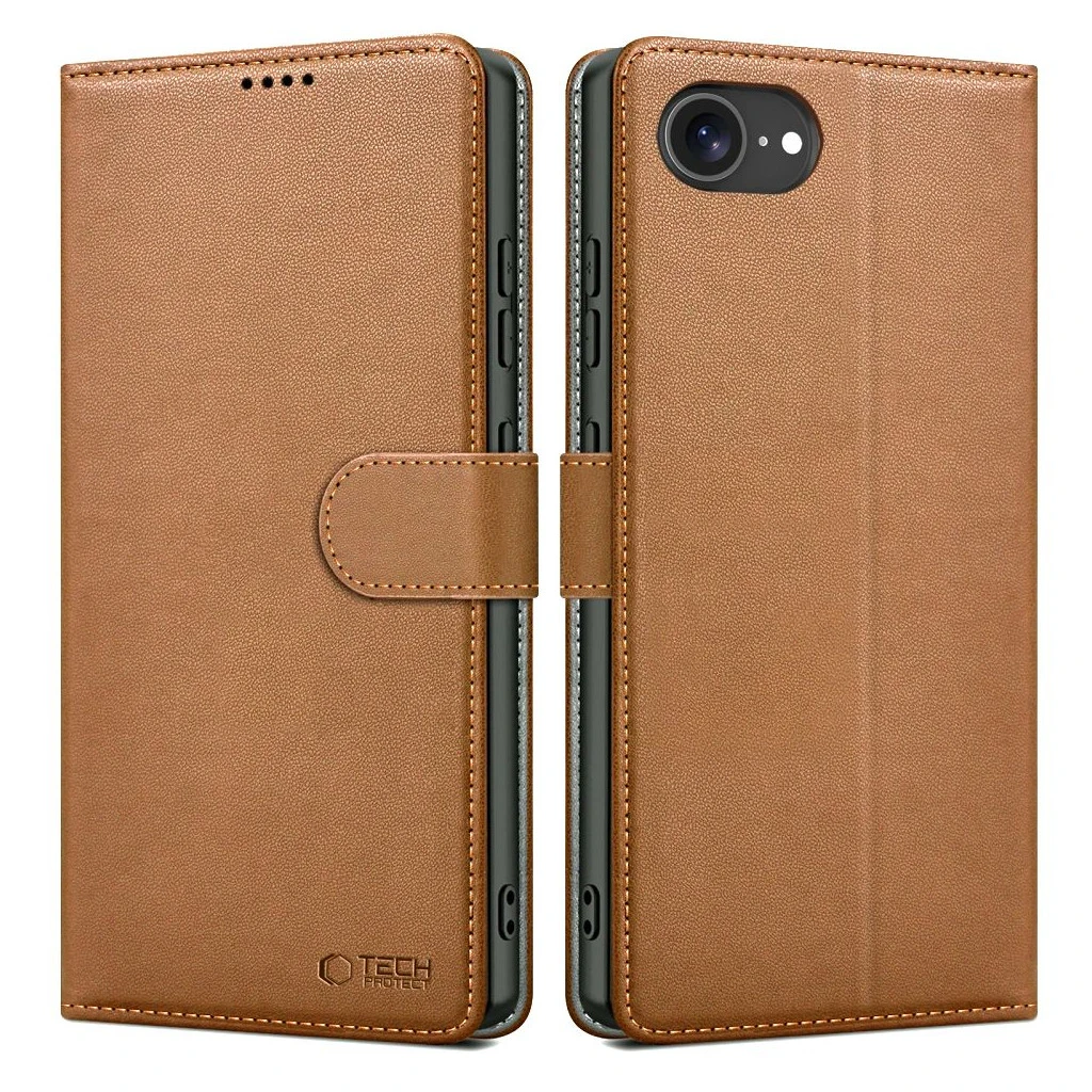 TECH-PROTECT pénztárcás tok iPhone 16E készülékhez barna