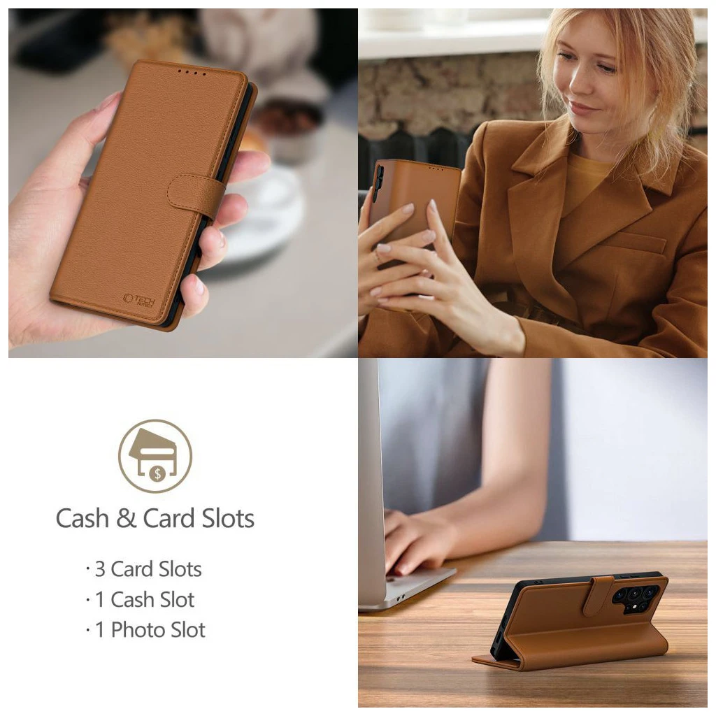 TECH-PROTECT pénztárcás tok iPhone 16E készülékhez barna