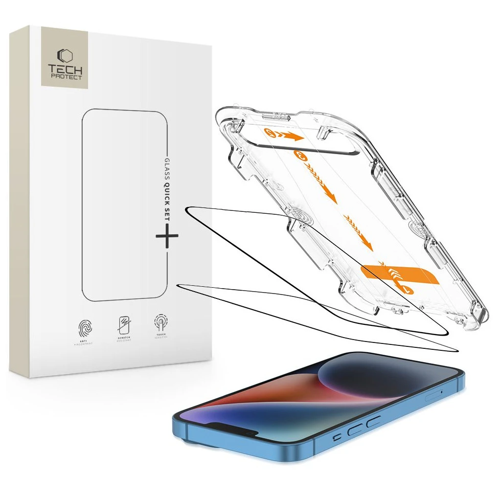 Temperált üveg kijelzővédő TECH-PROTECT Quick Set+ 2-PACK iPhone 13 / 13 PRO / 14 / 16E készülékhez fekete