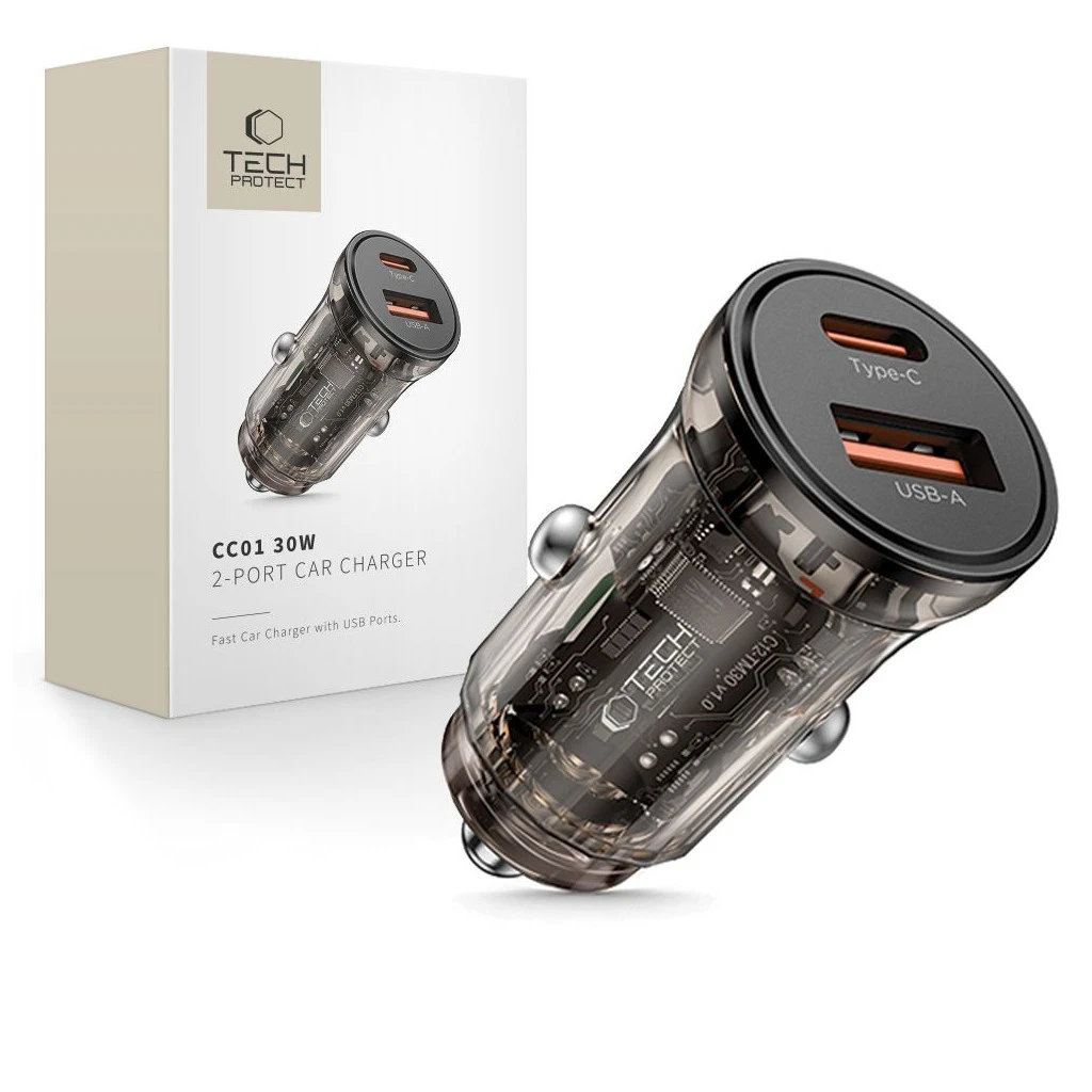 TECH-PROTECT CC01 2-portos autós töltő PD 30W / QC3.0 fekete