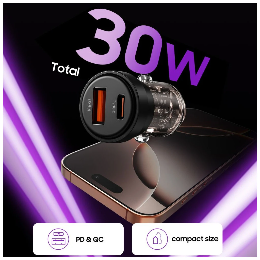 TECH-PROTECT CC03 2-PORT autós töltő PD 30W / QC3.0 fekete
