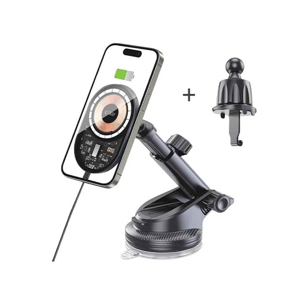 TECH-PROTECT MM15W-V6 MAGNETIC MAGSAFE műszerfal és szellőző autós tartó vezeték nélküli töltő 15W fekete/belső