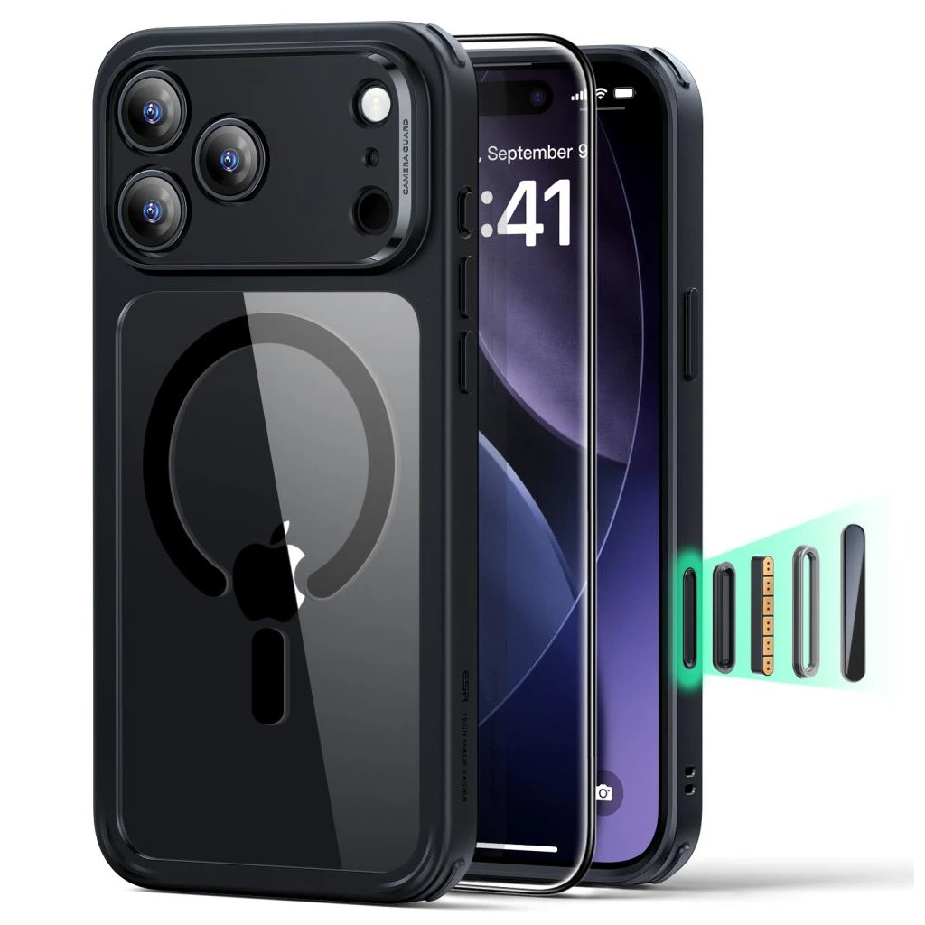 ESR CLASSIC HYBRID MAGSAFE TOK & ÜVEGFÓLIA iPhone 17 Pro Max készülékhez – átlátszó/fekete