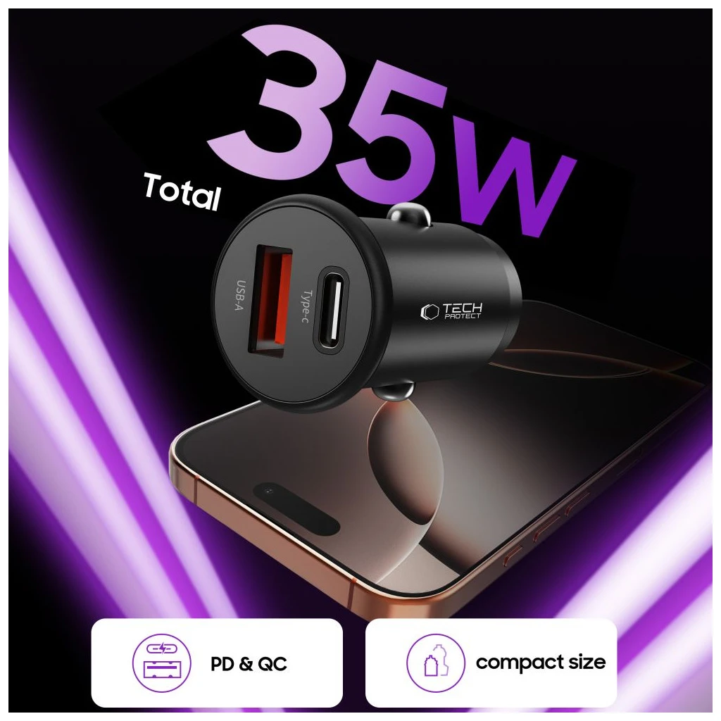 TECH-PROTECT CC02 2-PORT autós töltő PD 35W / QC3.0 fekete
