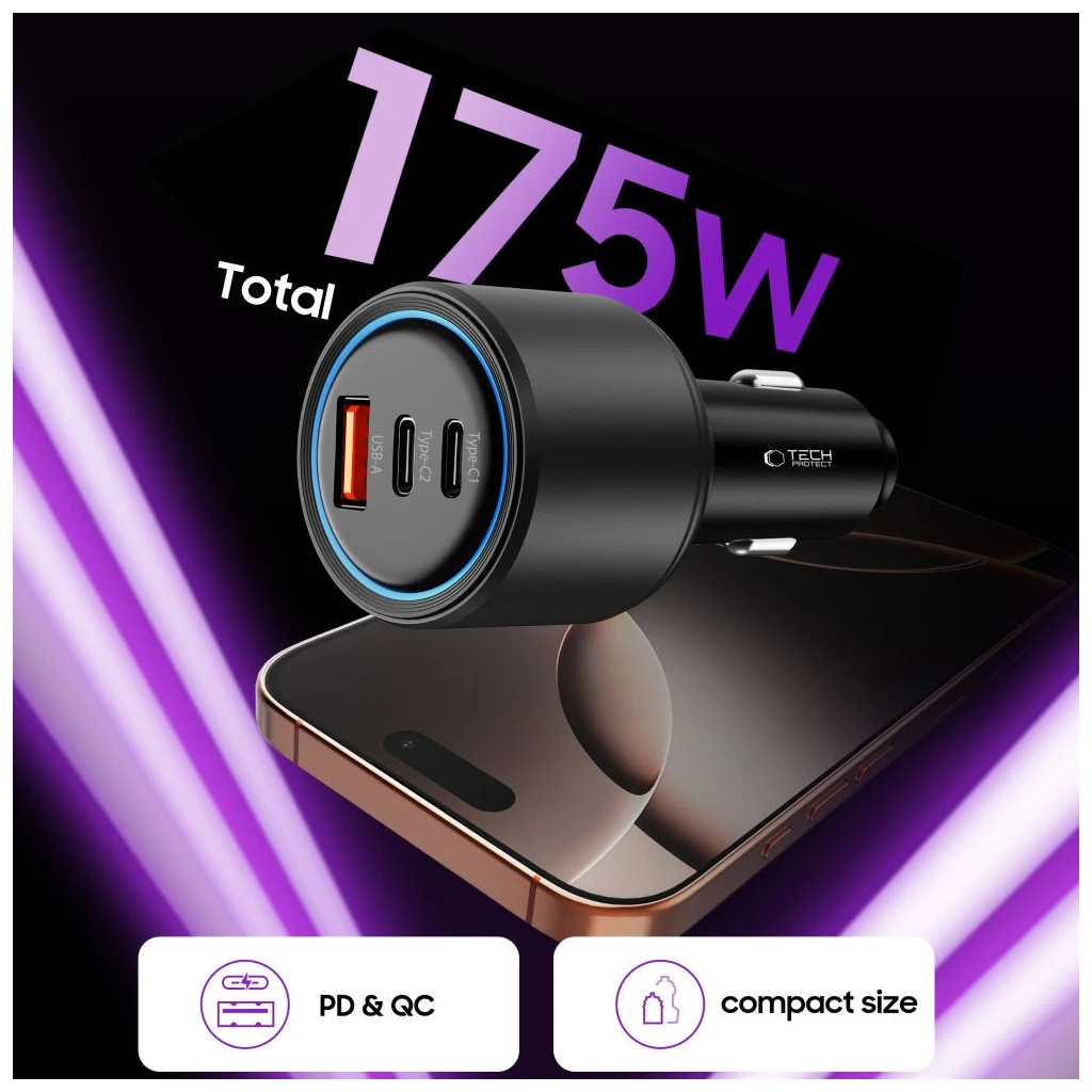 TECH-PROTECT CC04 3-PORT autós töltő PD 175W fekete