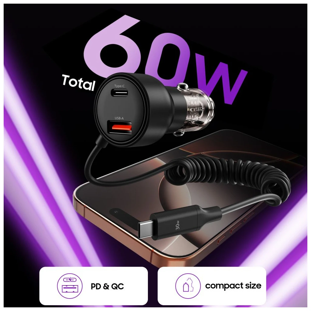 TECH-PROTECT CC05 2-PORT autós töltő PD 60W + kábel fekete