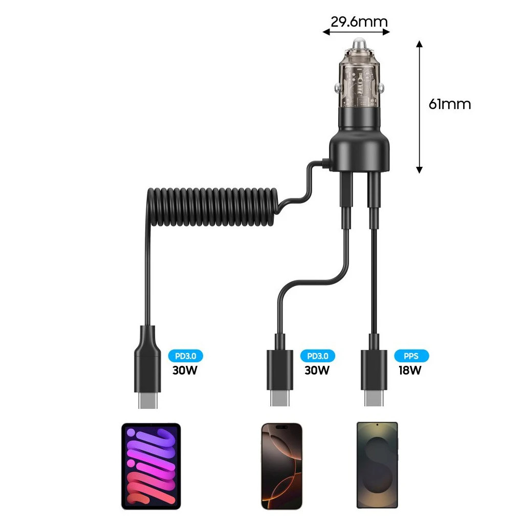 TECH-PROTECT CC05 2-PORT autós töltő PD 60W + kábel fekete