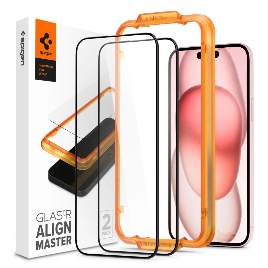 Edzett üveg kijelzővédő SPIGEN ALM GLASS FC 2-PACK iPhone 15 Plus készülékhez fekete