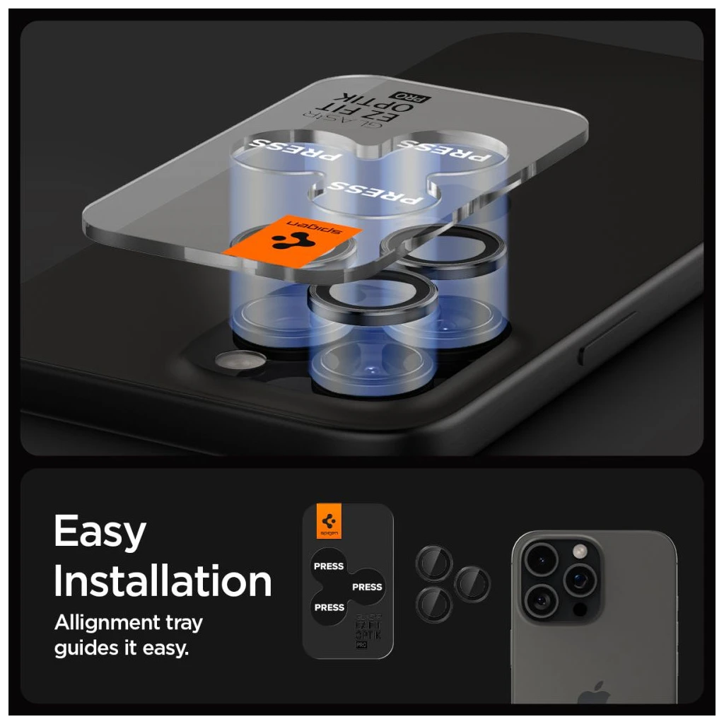 SPIGEN Optik Pro Glas.tr „EZ Fit” kameravédő – 2 db, iPhone 14 Pro / Max / 15 Pro / Max / 16 Pro / Max / 17 Pro / Max készülékhez, fekete