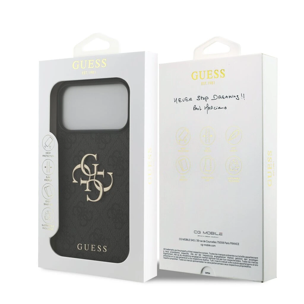 Guess PU 4G fém logós pántos tok iPhone 17 Pro Max készülékhez szürke