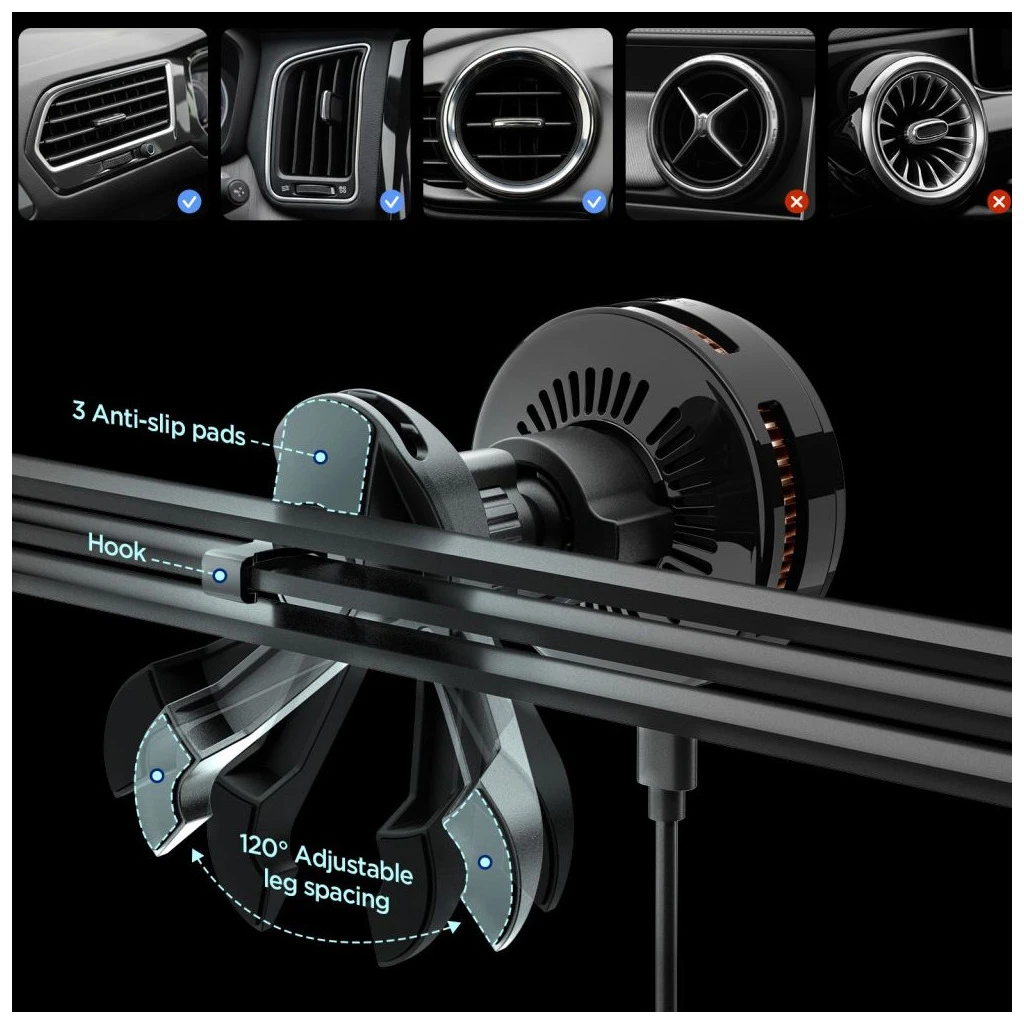 SPIGEN ESSENTIAL EV25MFAQ Qi2.2 PELTIER MAGNETIC MAGSAFE autós szellőzőre szerelhető vezeték nélküli töltő fekete