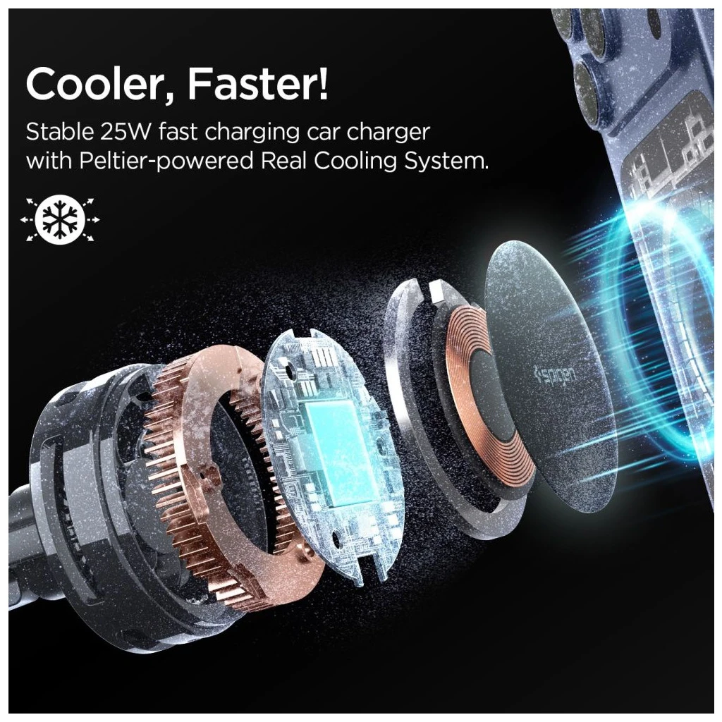 SPIGEN ESSENTIAL EV25MFAQ Qi2.2 PELTIER MAGNETIC MAGSAFE autós szellőzőre szerelhető vezeték nélküli töltő fekete