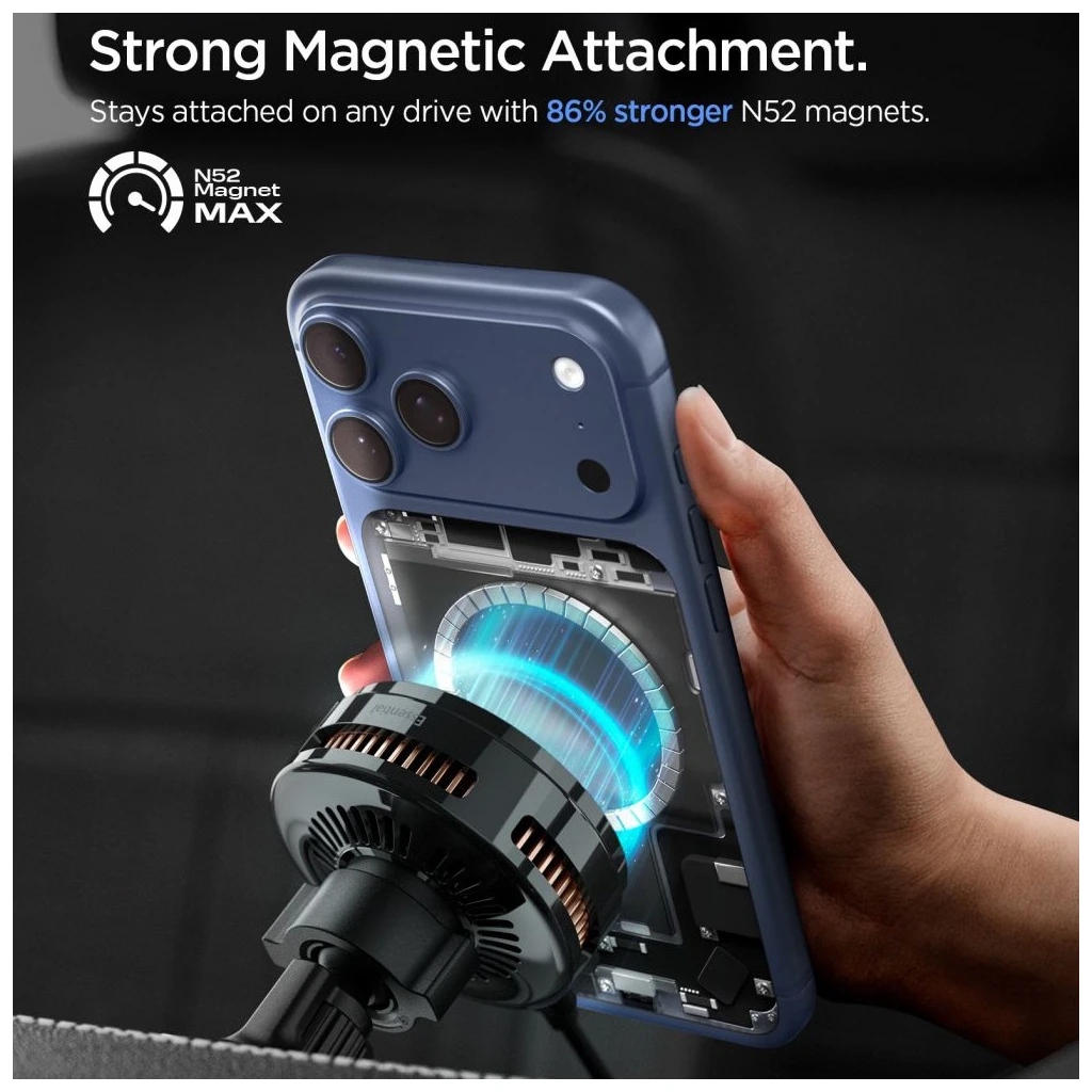 SPIGEN ESSENTIAL EV25MFAQ Qi2.2 PELTIER MAGNETIC MAGSAFE autós szellőzőre szerelhető vezeték nélküli töltő fekete