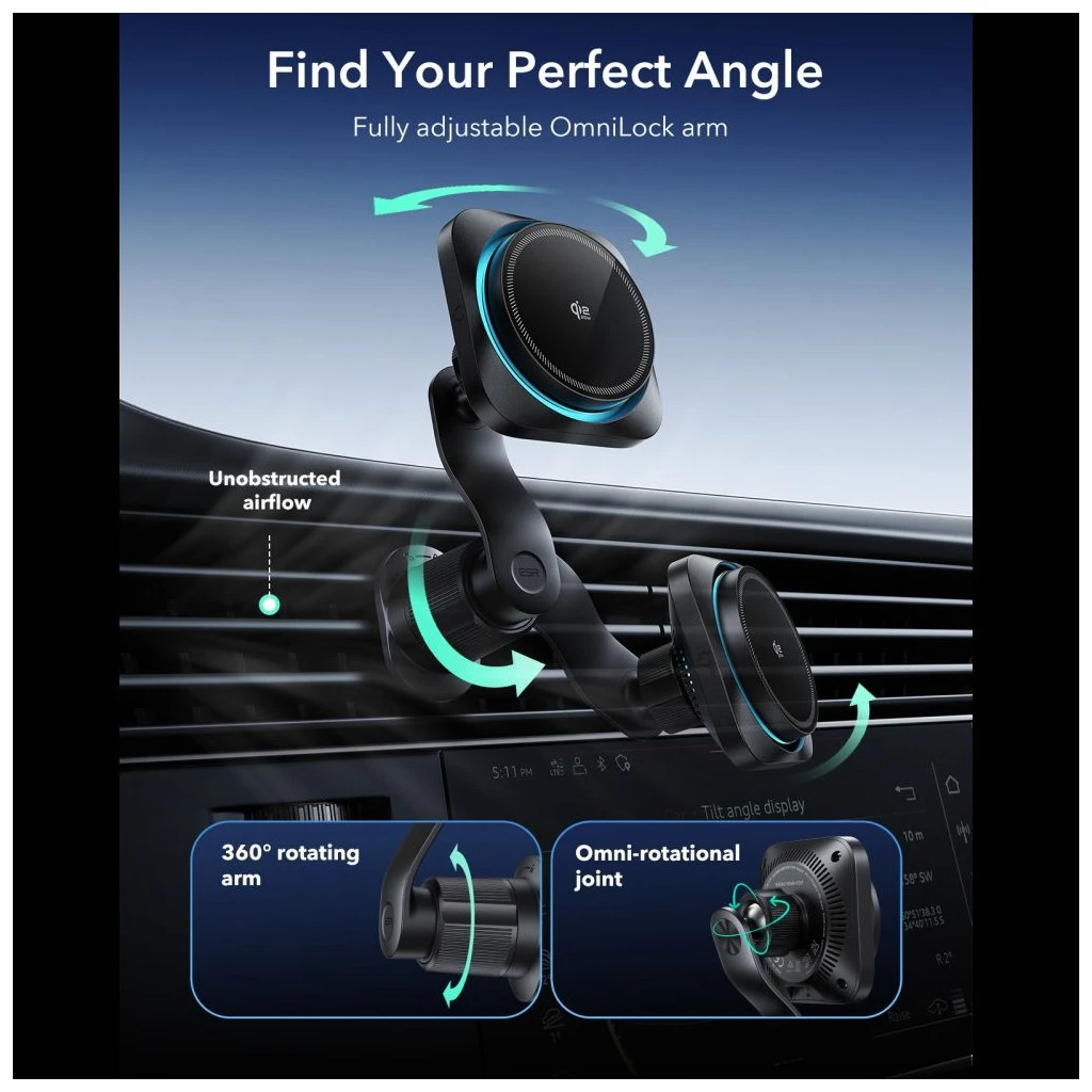 ESR OMNILOCK CRYOBOOST MAGNETIC MAGSAFE ventos autós vezeték nélküli töltő Qi2.2 25W fekete