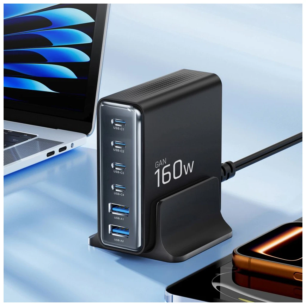 TECH-PROTECT DC160W-GAN 6-port asztali töltő PD 160W / QC3.0 fekete