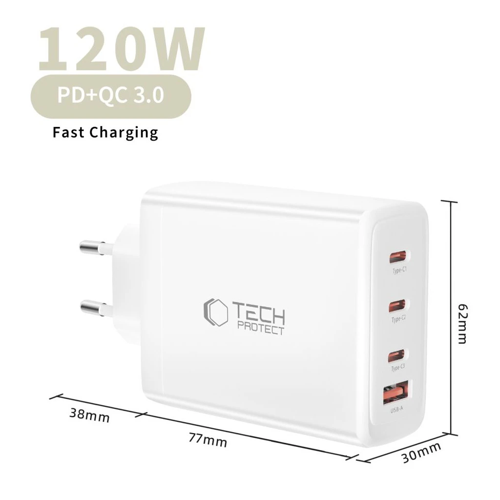 TECH-PROTECT NC120W-GAN 4-PORT hálózati töltő PD 120W / QC3.0 fehér