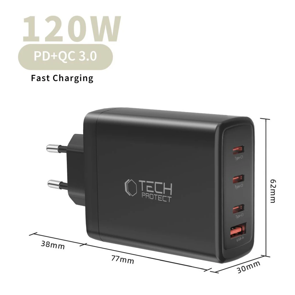 TECH-PROTECT NC120W-GAN 4-portos hálózati töltő PD 120W / QC3.0 fekete