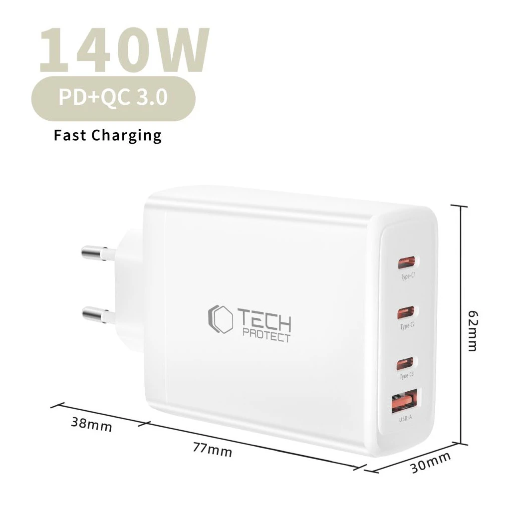 TECH-PROTECT NC140W-GAN 4-PORT HÁLÓZATI TÖLTŐ PD 140W / QC3.0 fehér