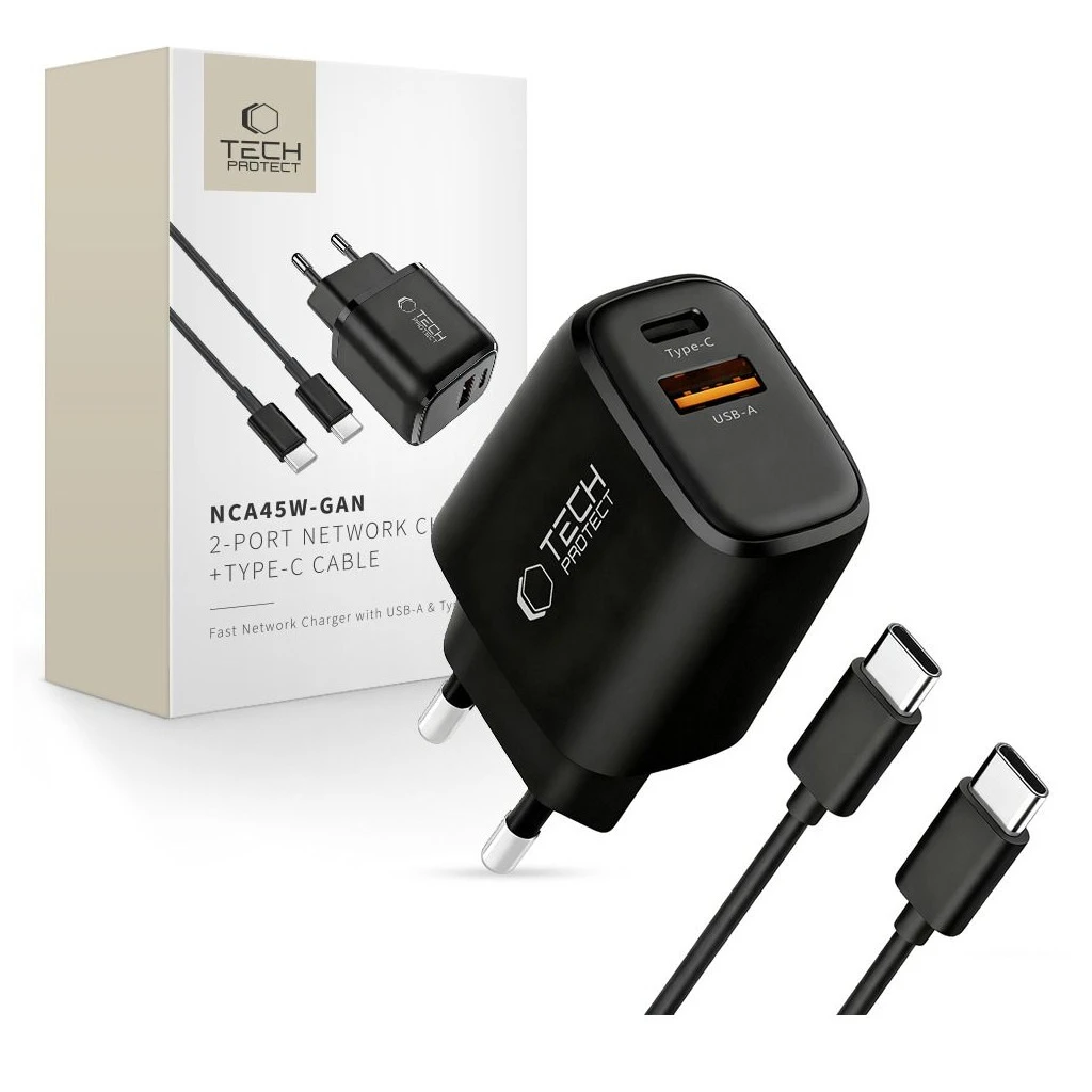 TECH-PROTECT NCA45W-GAN 2-portos hálózati töltő PD 45W / QC3.0 + TYPE-C kábel fekete