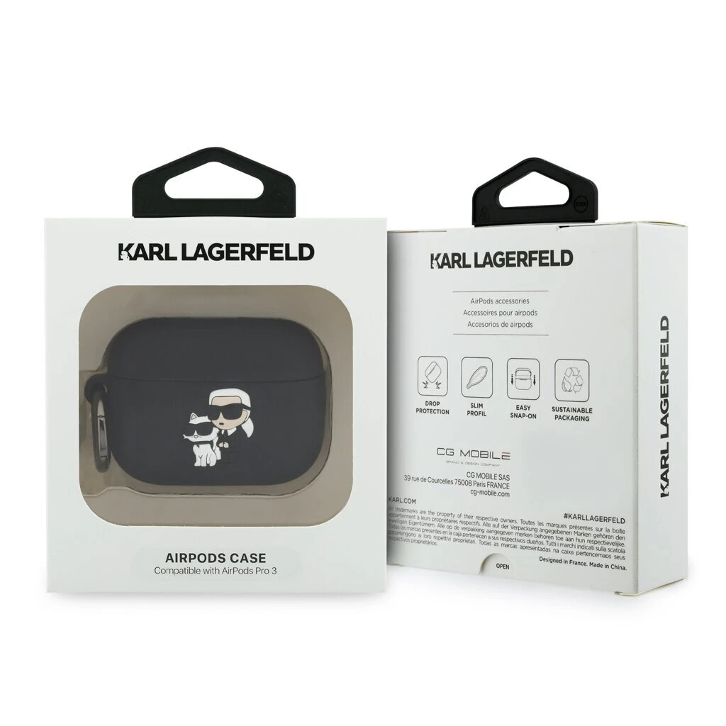 Karl Lagerfeld 3D Logo NFT Karl and Choupette szilikon tok AirPods Pro 3 készülékhez fekete