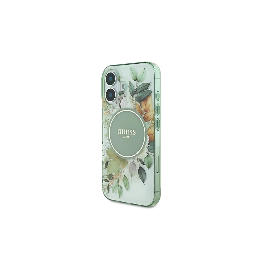 Guess GUHMP16SHFWBDCEN iPhone 16 6.1″ készülékhez kemény tok IML Flower & Tonal Circle MagSafe zöld