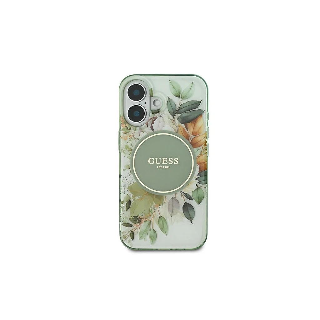 Guess GUHMP16SHFWBDCEN iPhone 16 6.1″ készülékhez kemény tok IML Flower & Tonal Circle MagSafe zöld