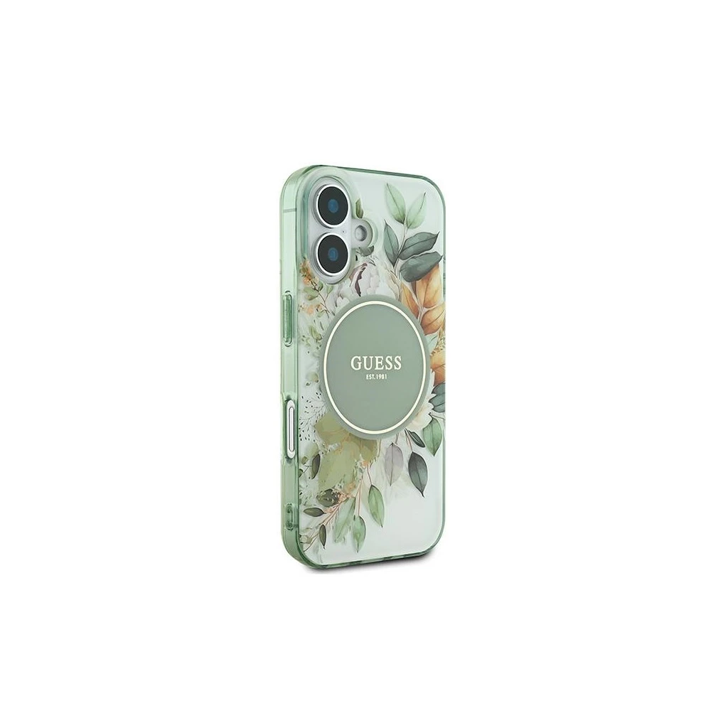 Guess GUHMP16SHFWBDCEN iPhone 16 6.1″ készülékhez kemény tok IML Flower & Tonal Circle MagSafe zöld