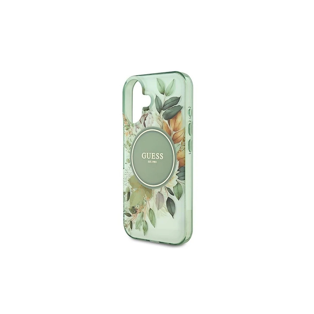 Guess GUHMP16SHFWBDCEN iPhone 16 6.1″ készülékhez kemény tok IML Flower & Tonal Circle MagSafe zöld