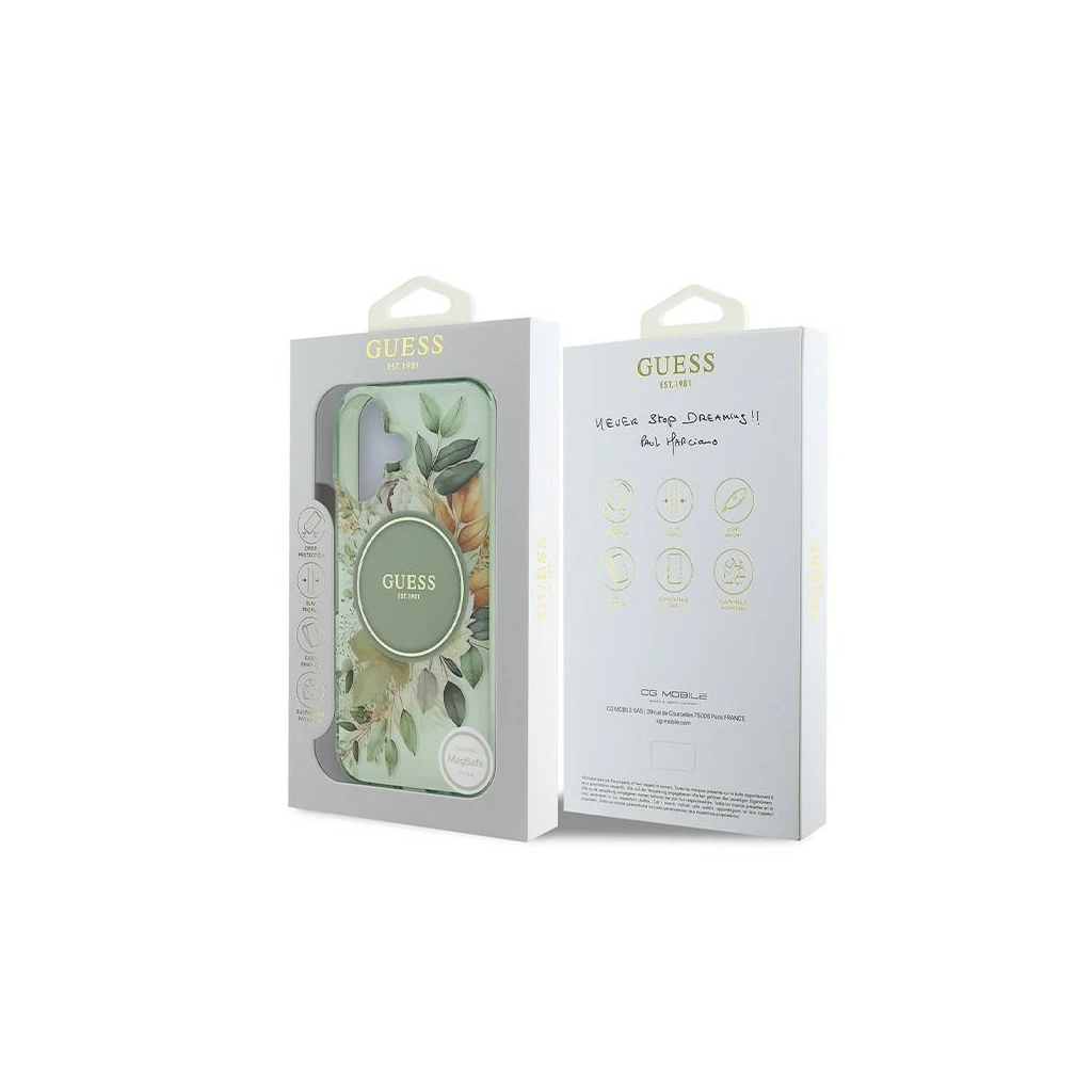 Guess GUHMP16SHFWBDCEN iPhone 16 6.1″ készülékhez kemény tok IML Flower & Tonal Circle MagSafe zöld