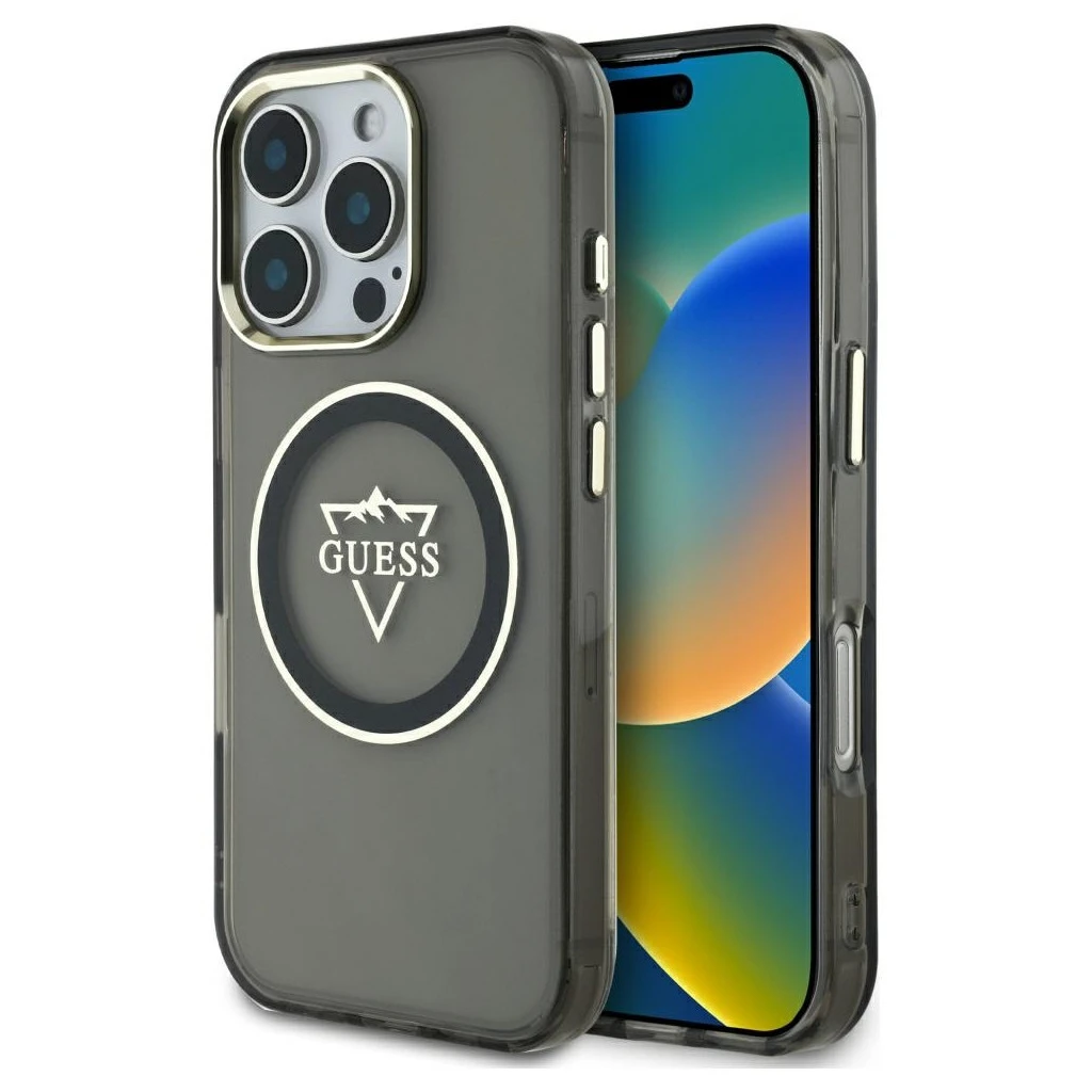 Tok Guess IML Metal Mountain Logo MagSafe iPhone 16 Pro készülékhez fekete