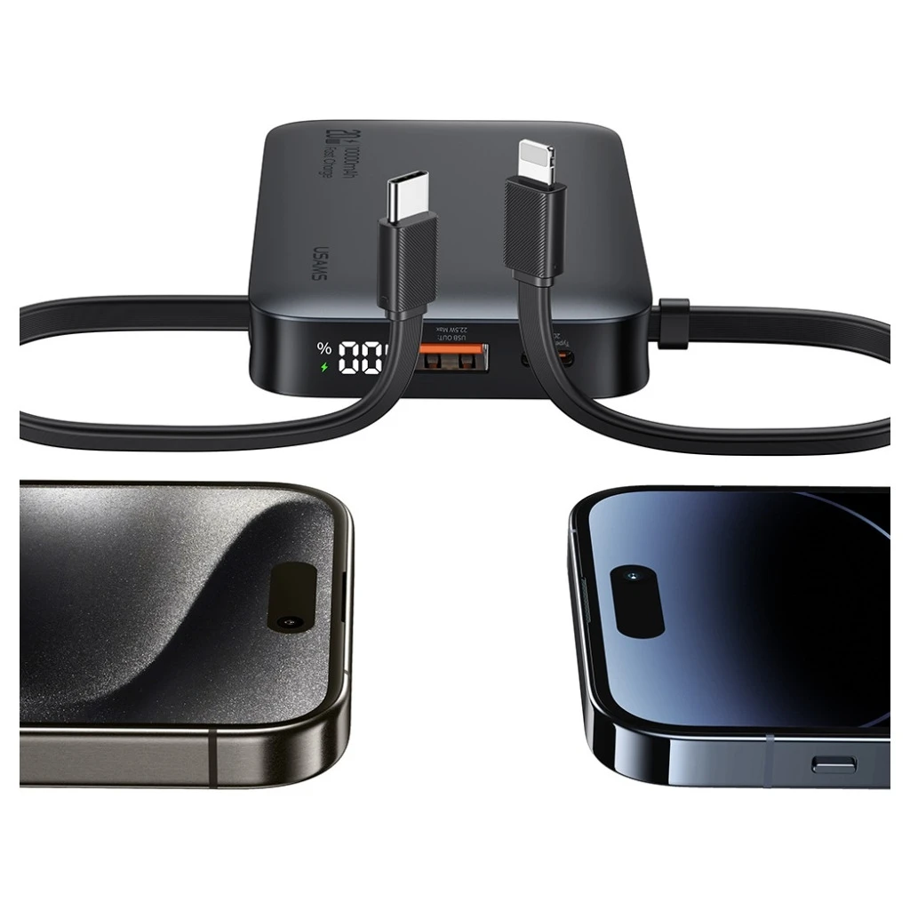 Hordozható töltő USAMS XR Series CD228 10000mAh 20W + USB-C/Lightning kábel fehér